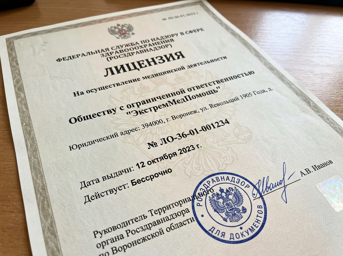 Лицензия на медицинскую деятельность ООО ЭкстренМедПомощь Воронеж, официальный документ Росздравнадзора, печать и подпись, бланк государственного образца